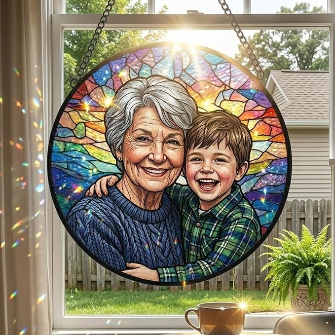 Personalized Stained Glass Suncatcher, Custom Photo Suncatcher for Grandma, Colorful Window Decor, Window Hanging Ornament, Ideal Gift for Mom, Grandma, Mother’s Day, Birthdays