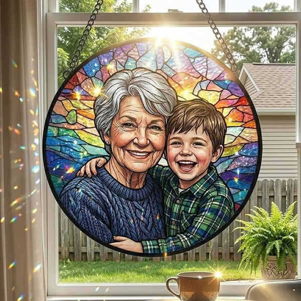 Personalized Stained Glass Suncatcher, Custom Photo Suncatcher for Grandma, Colorful Window Decor, Window Hanging Ornament, Ideal Gift for Mom, Grandma, Mother’s Day, Birthdays