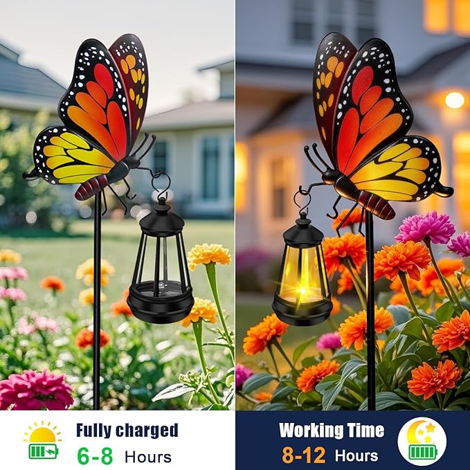 Solar Lights Outdoor Waterproof 2 Packs Butterfly Garden Decor Stakes,32.28in Garden Butterfly with Solar Lights,Birthday Gifts for Women Mom,Metal Decorative Lights for Yard Art Patio Porch Lawn