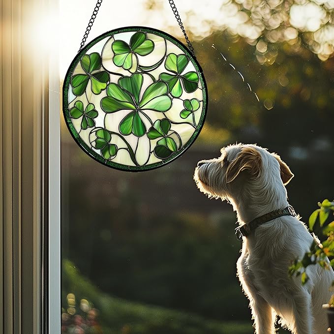Stained Glass Window Hanging - Ireland Green Lucky Clover Suncatcher for Doors Garden St. Patrick's Day Sun Catchers Decor Mother's Day Birthday for Women Men Mom Nana 9.8 in
