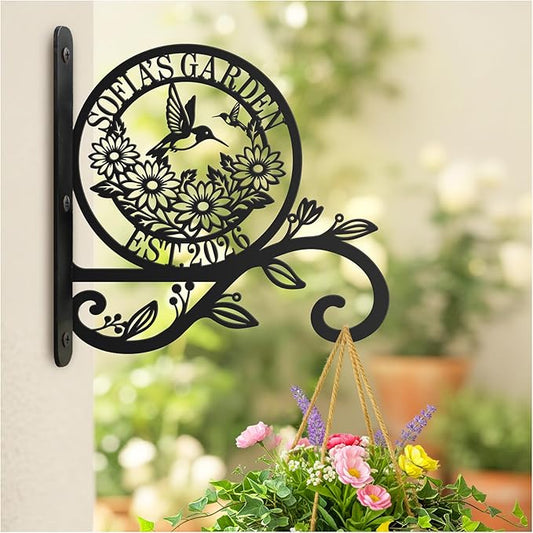 Personalized Metal Plant Hanger Bracket, Custom Name Hanging Plant Hook for Indoor Outdoor Use, Decorative Wall Mount Garden Hook for Flower Baskets, Bird Feeder, Wind Chime(Garden 3)