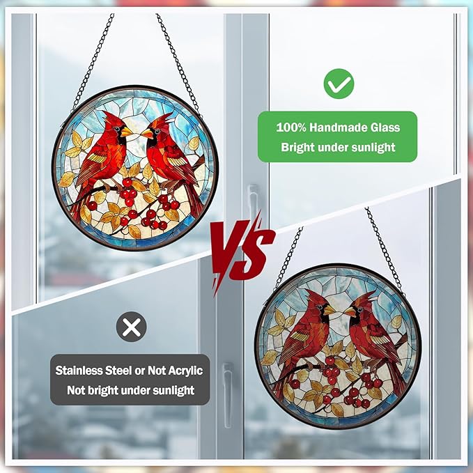 Red Cardinal Stained Glass Window Hanging, Hummingbird Suncatcher Diamond Glass Panel Hangings, Handmade Bird Sun Catchers Windows Wall Art, Gift for Mom, Christmas Decor for Home Office 7.87 inches
