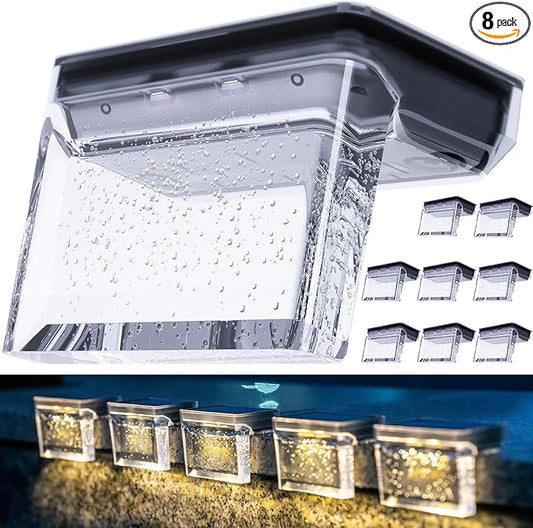 Qualdout Solar Deck Lights 8 Pack, Solar Step Lights IP65 Waterproof Solar Powered Outdoor Led Lights for Fence Railing Wall Pool Stair Yard Garden Patio Pool Decorations (Warm White)