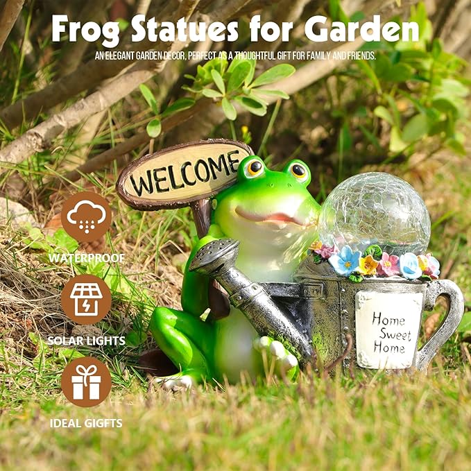 Solar Garden Outdoor Statues Frog Statues with Solar Light, Outdoor Mushroom Frog Figurines Decorations Yard Decor for Patio Balcony Lawn Ornament, Unique Housewarming Gifts for Women