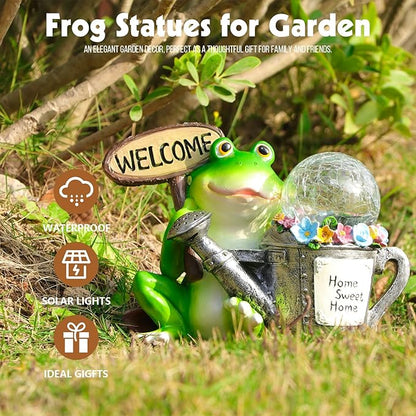 Solar Garden Outdoor Statues Frog Statues with Solar Light, Outdoor Mushroom Frog Figurines Decorations Yard Decor for Patio Balcony Lawn Ornament, Unique Housewarming Gifts for Women