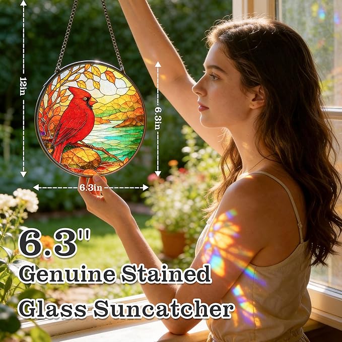 Cardinal Suncatcher for Windows Hanging - 6.3" Stained Glass Memorial Day Decorations - Round Red Bird Decor, Sympathy Gifts for Loss of Loved One, Remembrance Keepsake for Home & Garden