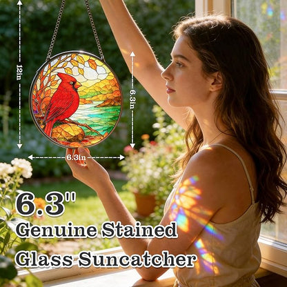 Cardinal Suncatcher for Windows Hanging - 6.3" Stained Glass Memorial Day Decorations - Round Red Bird Decor, Sympathy Gifts for Loss of Loved One, Remembrance Keepsake for Home & Garden