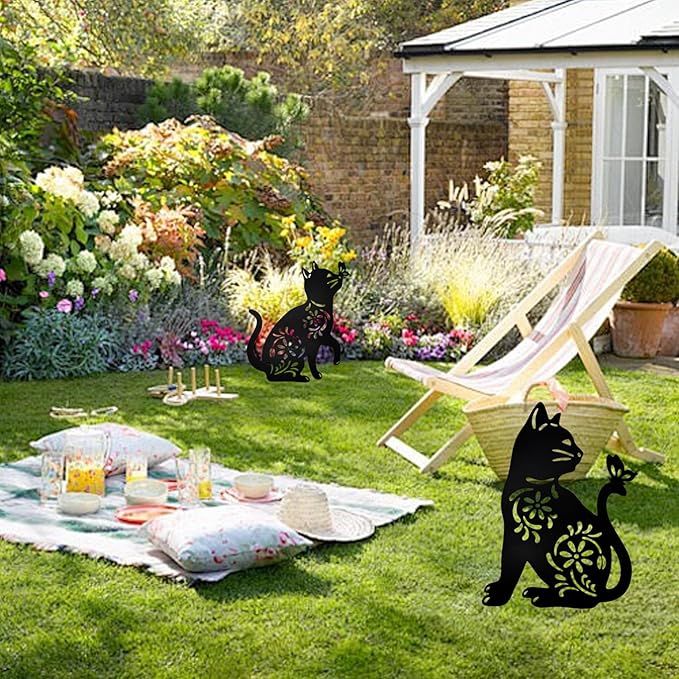 MrMrKura 2 Pack Metal Cat Stakes Garden Decor Stakes Black Cat Silhouette Statue for Outside Decorative Ornaments for Outdoor Garden Home Patio Yard Decoration