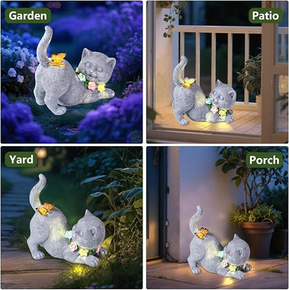 Solar Garden Statue Cat Figurine, Resin Solar Lights with Flower Decor for Outside, Yard Art Patio Balcony Lawn Decorations, Unique Gifts for Mom Grandma Women and Cat Lover (Gray)