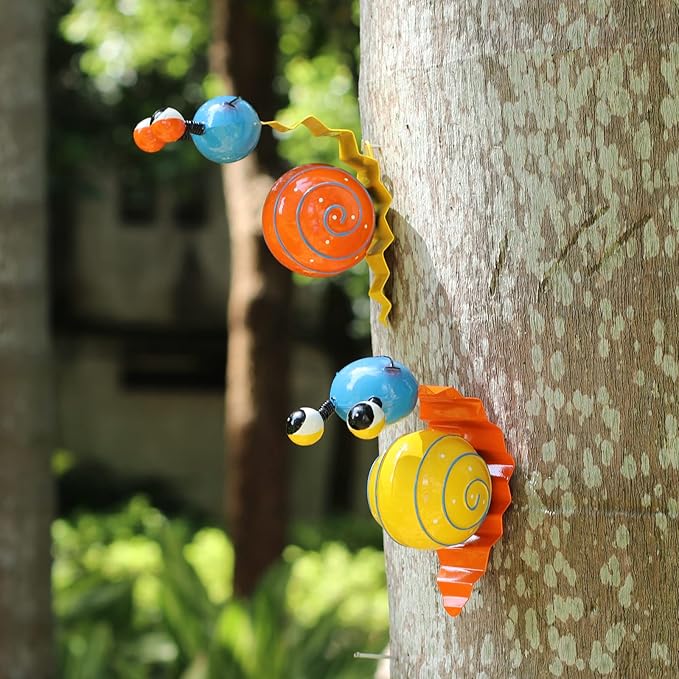 Cruis Cuka Metal Garden Decor Cute Snail Yard Art Outdoor Lawn Patio Ornament Fence Decorations for Outside - Set of 2(Yellow,Orange)