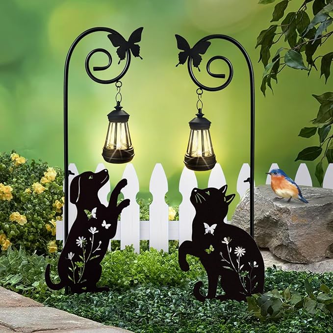 2 Pack Metal Beagle Dog and Cat Garden Stakes with Solar Lights Outdoor Decorative,Womens Gifts Unique,Garden Silhouette Animal Decor