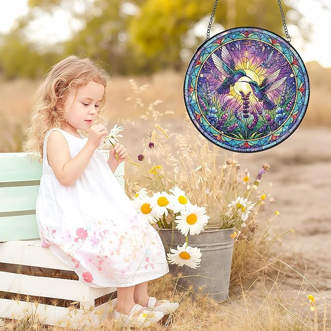 Hummingbird Stained Glass Suncatcher, 8" Round Bird Window Hanging with Metal Chain, Lavender Floral Decorative Glass Art for Home Garden, Memory Gift for Mom Grandma