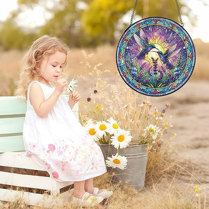 Hummingbird Stained Glass Suncatcher, 8" Round Bird Window Hanging with Metal Chain, Lavender Floral Decorative Glass Art for Home Garden, Memory Gift for Mom Grandma