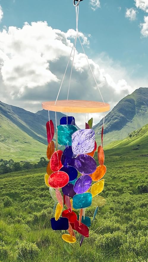 Top Brass 24” Rainbow Windchime – Unique Capiz Seashells with Square and Round Shells – Blue, Green, Red, Orange, Yellow, Purple and Aqua - Soothing Soft Sounds - Hanging Outdoor Porch Patio Décor