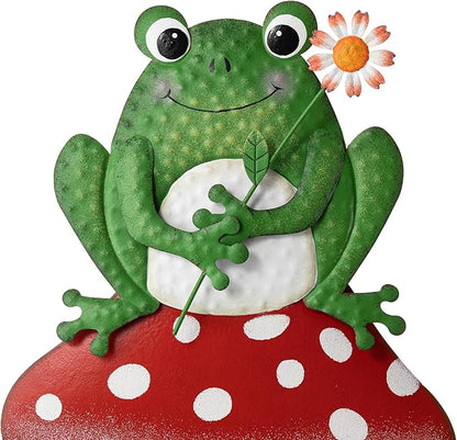 Glitzhome Mushroom and Frog Garden Yard Stake, 30 ”H Metal Stacked Yard Patio Charming Stake Powder-Coated Vibrant Finish Lifelike 2-in-1 Design Ornament Detachable Lawn Wall and Floor Decoration