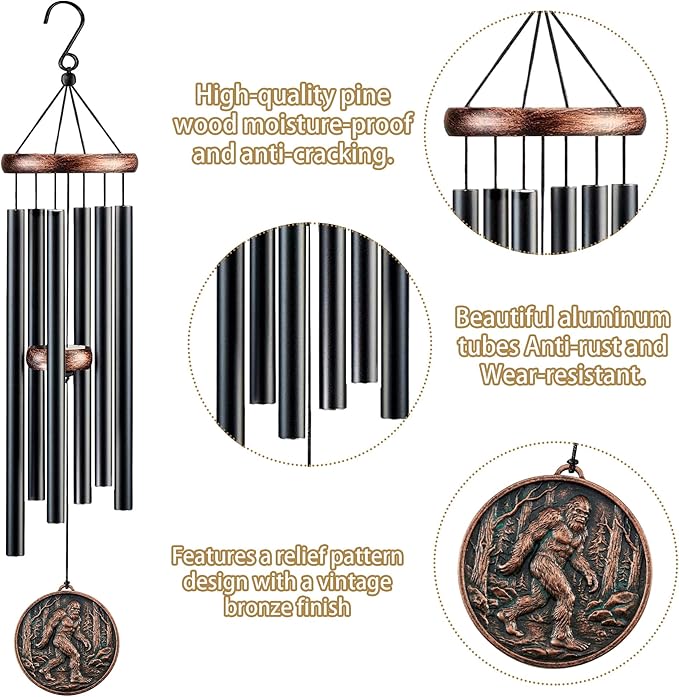 Fathers Day Bigfoot Sasquatch Gifts, Deep Tone Wind Chimes for Outside, 3D Embossed Sasquatch Design Windchime for Garden Patio Porch Yard Décor