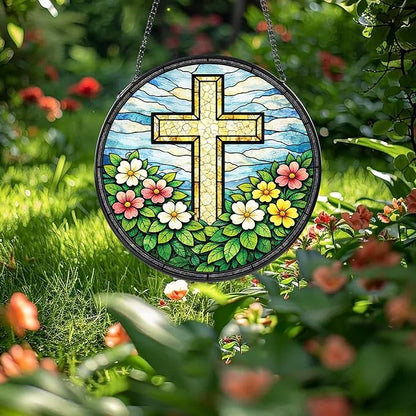 Cross Flower Stained Suncatcher, 8" Round Christian Glass Window Hanging with Metal Chain, Religious Decorative Glass Art for Home Garden, Faith Gift for Mom Grandma