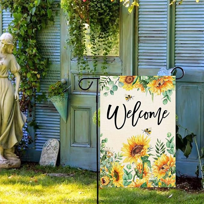 Baccessor Spring Garden Flag Sunflower Bee Eucalyptus Leaves Welcome Flag 12.5 x 18 Inch Double Sided Burlap Yard Small Spring Summer Flag for Outside Decor