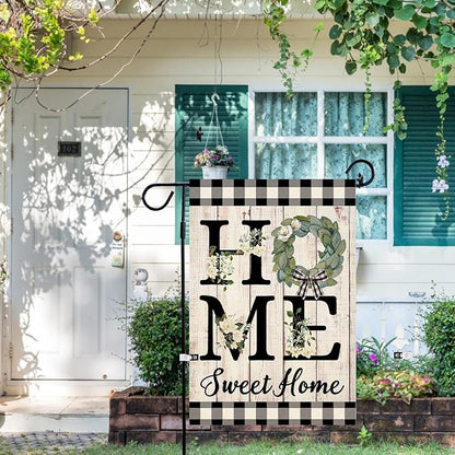 ORTIGIA Home Sweet Home Magnolia Garden Flag Double Sided 12.5x18 Inch Spring Summer Buffalo Plaid Check Small Yard Flag Burlap Vertical Farmhouse Rustic Outside Outdoor Lawn Patio Decor