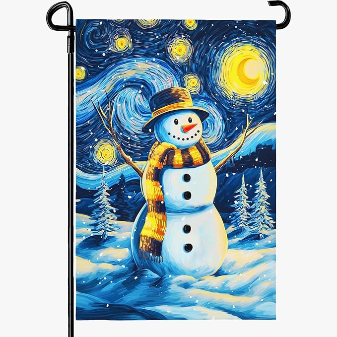 Winter Garden Flag Santa Snowman Yard Flags Van Gogh Yard Flags Art Starry Night Sky Moon Wall Banner Xmas Blue Pine Snowfield House Banners for Happy Holiday Farmhouse Outdoor 12 x 18 Inch
