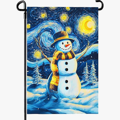 Winter Garden Flag Santa Snowman Yard Flags Van Gogh Yard Flags Art Starry Night Sky Moon Wall Banner Xmas Blue Pine Snowfield House Banners for Happy Holiday Farmhouse Outdoor 12 x 18 Inch