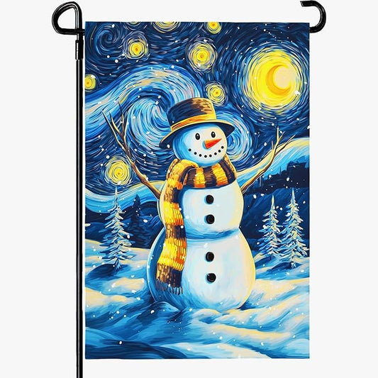 Winter Garden Flag Santa Snowman Yard Flags Van Gogh Yard Flags Art Starry Night Sky Moon Wall Banner Xmas Blue Pine Snowfield House Banners for Happy Holiday Farmhouse Outdoor 12 x 18 Inch