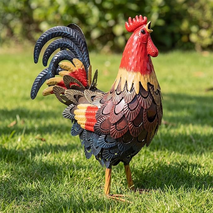 Zhengmy Metal Rooster Garden Statue Lifelike Colorful Metal Rooster Yard Decor Hand-Painted Iron Chicken Sculpture for Patio Lawn Backyard Farmhouse Outdoor Indoor Decoration (Red)