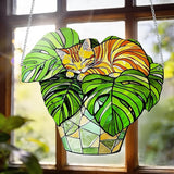 Cat Stained Glass Suncatcher Window, Hanging Sun Catchers Indoor Window, Suncatcher for Mom/Women (Monstera & Cat)