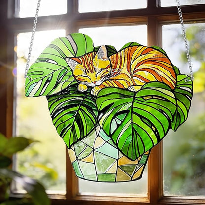 Cat Stained Glass Suncatcher Window, Hanging Sun Catchers Indoor Window, Suncatcher for Mom/Women (Monstera & Cat)