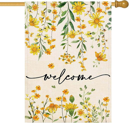 Baccessor Summer Welcome House Flag 28 x 40 Inch Floral Double Sided Daisy Funny Spring Sunflower Yard House Flag Seasonal Burlap Cute Vertical Farmhouse Yard Outdoor Decoration
