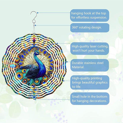Peacock Wind Spinner, Hanging 3D Outdoor Wind Chimes, 10 inch Metal Wind Spinner for Outdoor & Indoor Decor, Yard Art Gift
