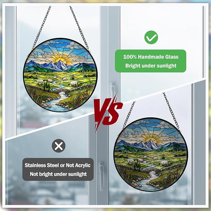 Green Irish Hills Stained Glass Window Hanging, Suncatcher for Window Hanging, Sun Catchers Indoor Windows Wall Art for Nature Lovers, Suncatcher for Home Garden Office 7.87 inches