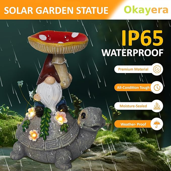 Turtle Garden Solar Statue with Mushroom Bird Bath Outdoor Waterproof, Gifts to Mom Women Grandma Birthday Mother's Day, Gnome Bird Feeder with LED Light for Yard Lawn Porch Outside Decor
