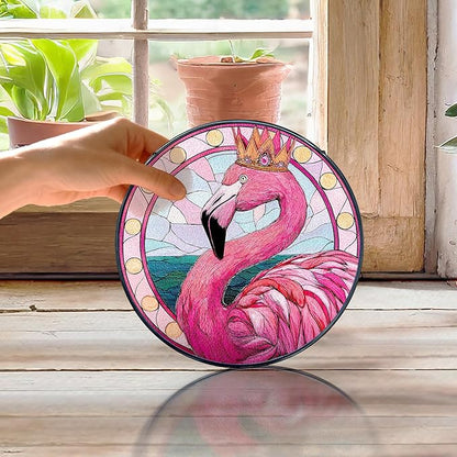 Pink Flamingo Stained Glass Window Hanging, Flamingo Suncatcher, Tropical Pink Flamingos Bird Sun Catchers Indoor Window Round Glass Wall Art Hanging Decorations, 7.9x7.9in