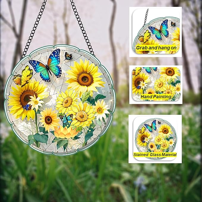 Stained Glass Window Hanging Sunflower 8 Inch, Indoor Outdoor Wall Art Home Decor, Sun Catchers,Birthday for Women Men