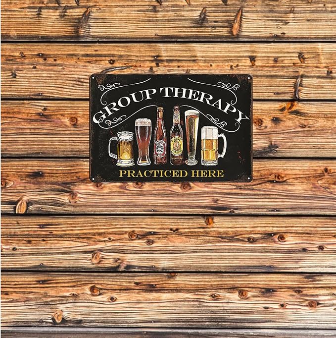 Bar Wall Decor Beer Signs Metal Tin Sign For Patio Backyard And Pool，Group Therapy Practiced Here Small Personalized Vintage Signs For Home Decor Art Outdoor Decorations 8x12 Inch