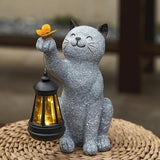 Solar Cat Garden Statue Outdoor Decor, Cat Sculpture with Lantern and Butterfly for Yard Lawn Patio Balcony, Christmas, Birthday Housewarming Gifts for Mom, Grandma, Women, 9.4 inch, Resin