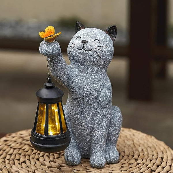 Solar Cat Garden Statue Outdoor Decor, Cat Sculpture with Lantern and Butterfly for Yard Lawn Patio Balcony, Christmas, Birthday Housewarming Gifts for Mom, Grandma, Women, 9.4 inch, Resin