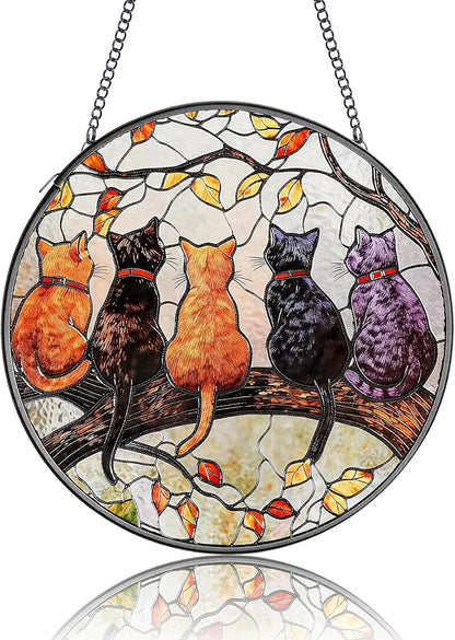 Cat Stained Glass Window Hanging with Hook – 6.3" Handcrafted Suncatcher, Vibrant Decor for Living Room Office, Unique Gifts for Women, Mom, Teen Girls, Cat Lovers