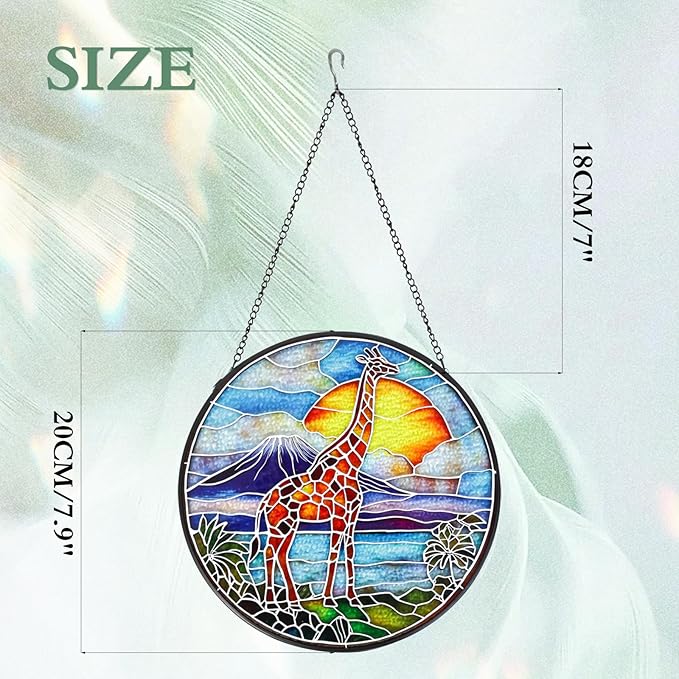Giraffe Stained Glass Window Hanging Suncatcher with Chain - 7.9" Outdoor/Indoor Art Decor for Home Garden, Thanksgiving, Wedding, Mother's, Valentine's & Christmas Ornaments Present Gifts