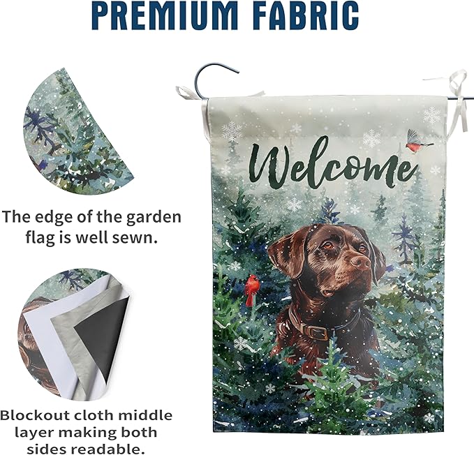 Welcome Winter Garden Flags Chocolate Lab Garden Flag Cardinal Birds on Snowy Pine Tree Flag Labrador Dog Yard Flags for Outside 12x18 Double Sided Christmas Decorative Lawn Flags