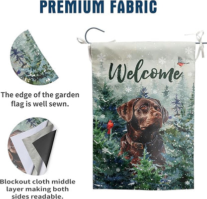 Welcome Winter Garden Flags Chocolate Lab Garden Flag Cardinal Birds on Snowy Pine Tree Flag Labrador Dog Yard Flags for Outside 12x18 Double Sided Christmas Decorative Lawn Flags