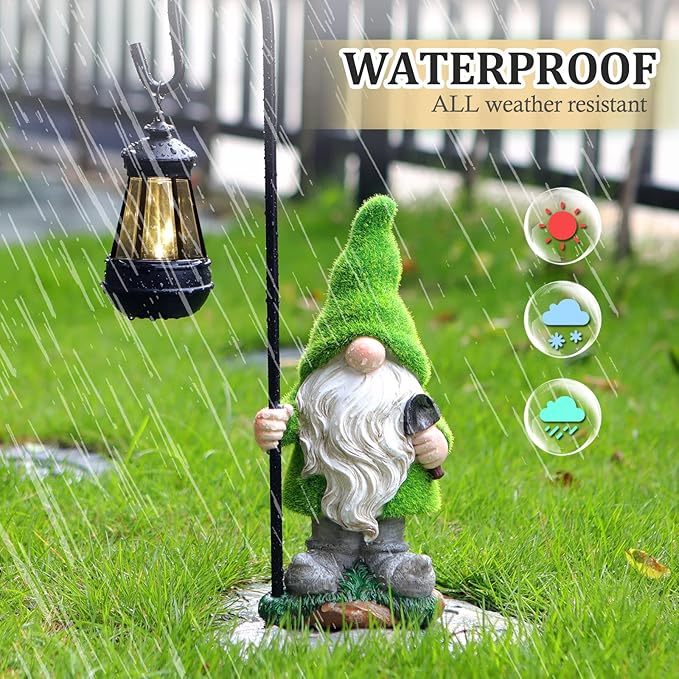 VChymm Flocked Solar Garden Gnomes Outdoor Statues 15.8”Outdoor Garden Decor LED Outdoor Decor Light Unique Housewarming Gifts Yard Art Sculptures for Patio Lawn Ornaments