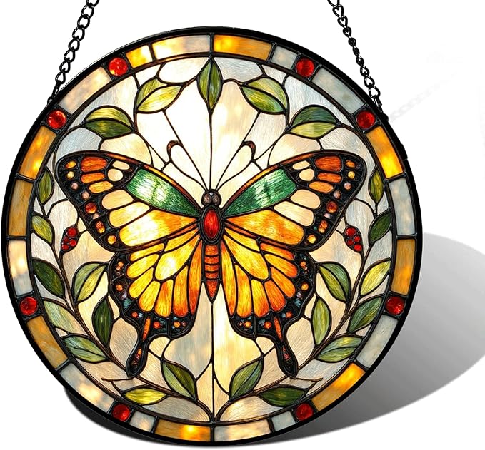 Butterfly Stained Glass Suncather for Window Hanging, 6.3'' Yellow Butterfly Ornament Gift for Women, Nature-Inspired Home Decor Gift for Mom, Grandma, Mother's Day (Yellow, 6.3'')