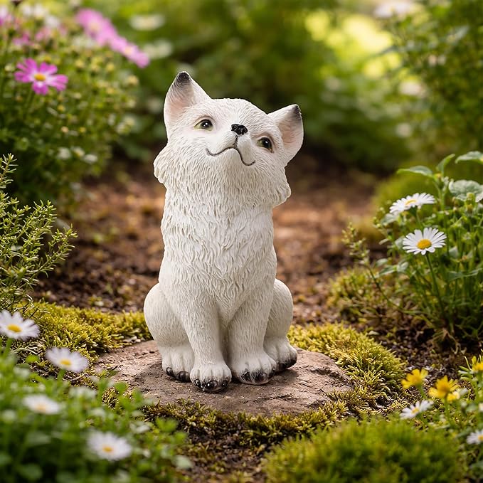 White Fox Figurine - Super Cute Little Sitting Baby Fox Cub Statue, Adorable Resin Sculpture, Decorative Polyresin Animal Ornament, Tabletop Décor for Outdoor Garden Patio Lawn Yard Pool Potted Plant