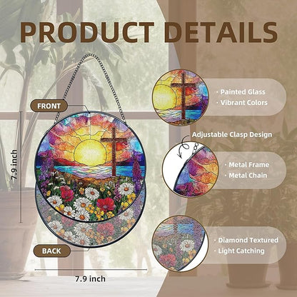 Cross Flower Stained Glass Window Hanging, Cross Suncatchers, Wildflower Christian Easter Sun Catchers Indoor Window Round Glass Wall Art Hanging Decorations, 7.9x7.9in