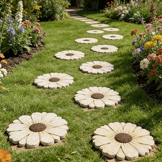 Landoraloria Cement Flower Stepping Stone 10” Daisy Garden Path Stone for Yard & Walkway Handcrafted Non-Slip Outdoor Patio Decor Weather-Resistant Cement Stone (White)