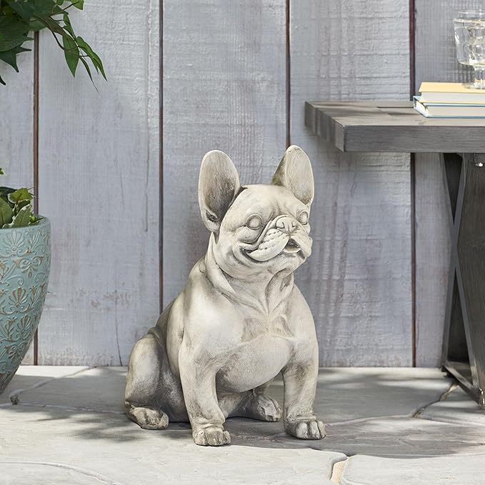Merax French Bulldog Garden Statue - Outdoor Cast Stone Decor, Rustic White Finish, Weather-Resistant Patio or Yard Art, No Assembly Required