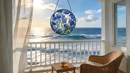 Stained Glass Window Hanging - Blue Floral Pattern 6.3 Inches Suncatcher for Garden Home Decor for Women Mon Grandma Friends