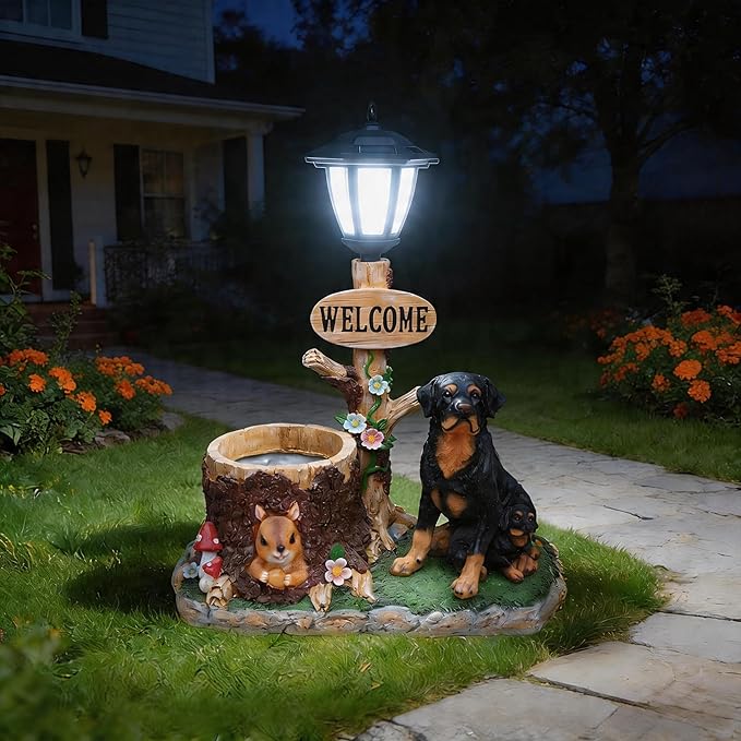 Solar Garden Statue with Planter & Solar Lantern, Outdoor Resin Animal Sculpture, Waterproof Yard Lawn Decor Pot for Succulents, Front Porch Ornament Housewarming Gift (Mother and Son Rottweilers)